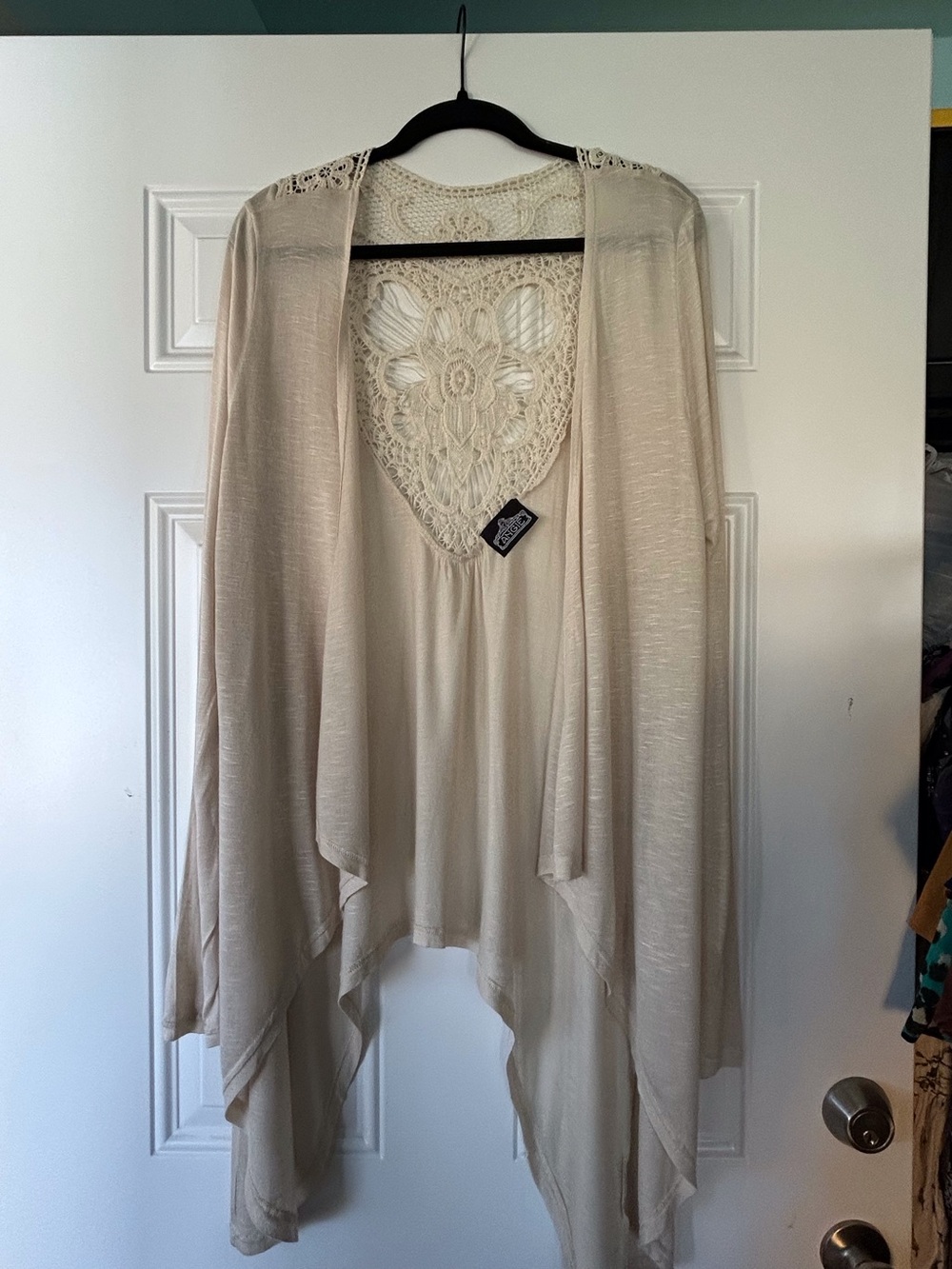 Cream Lace Crochet Back Open-Front Draped Sweater Boho Fairy Dainty Large